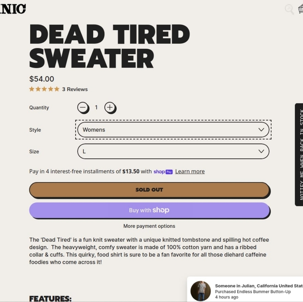 NWT Dead Tired Coffee Knit Tombstone Unique Halloween Sweater - Picture 13 of 13